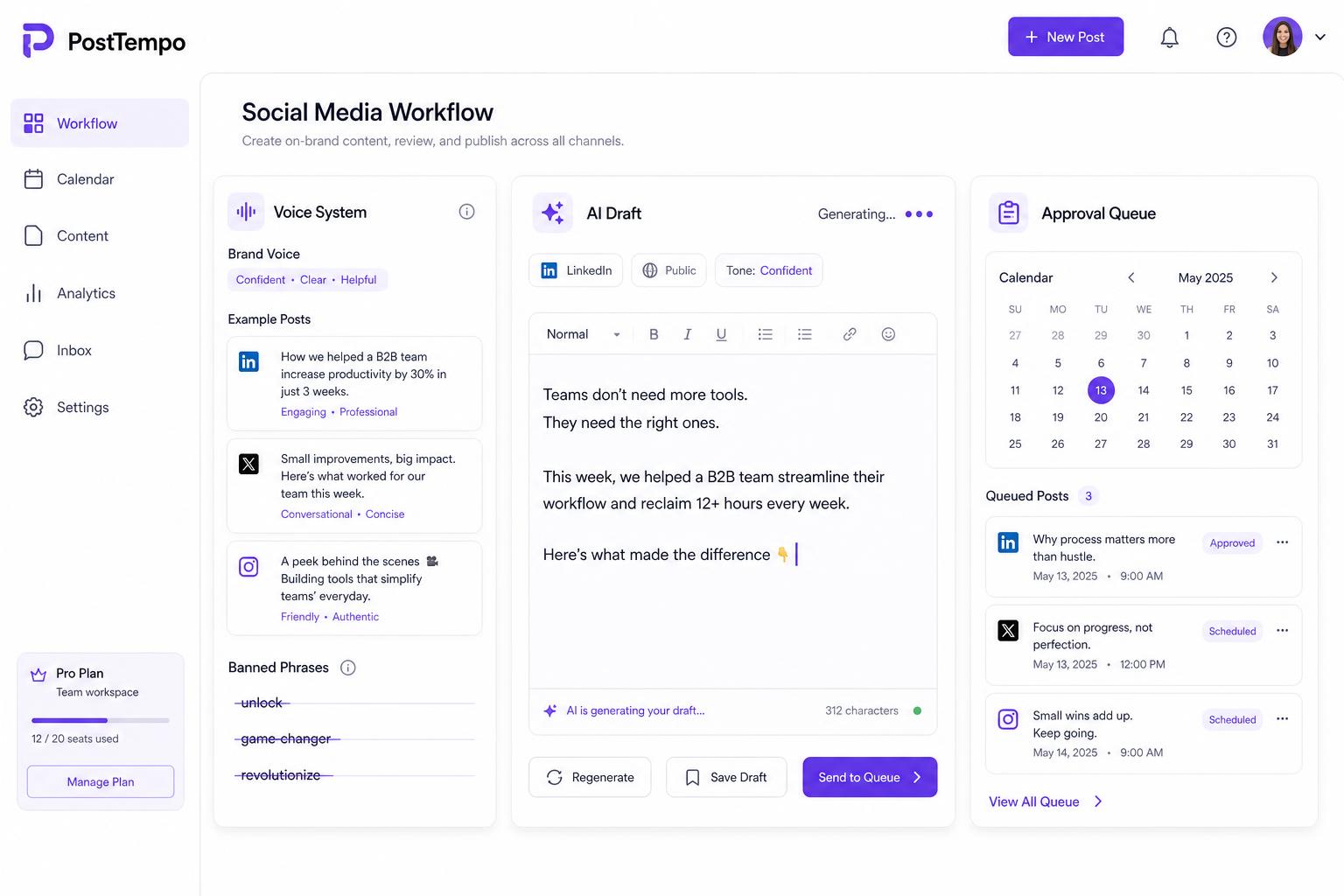 AI social media assistant workflow showing voice system, banned phrases, and approval queue