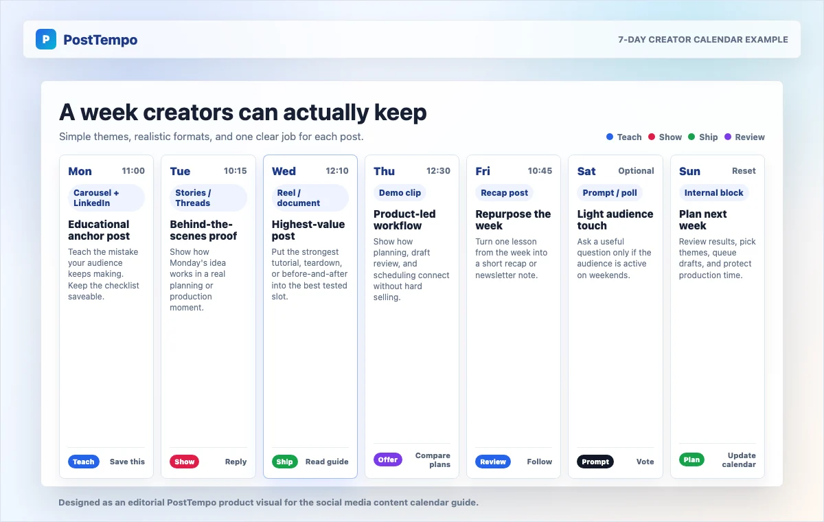 Seven-day creator social media calendar example with posts for Monday through Sunday