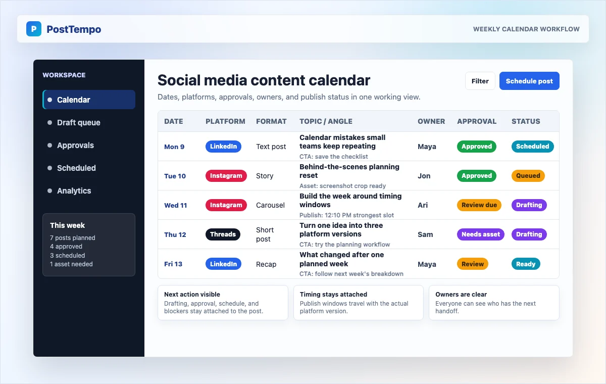 PostTempo weekly social media content calendar with platform, status, approval, and scheduled time columns