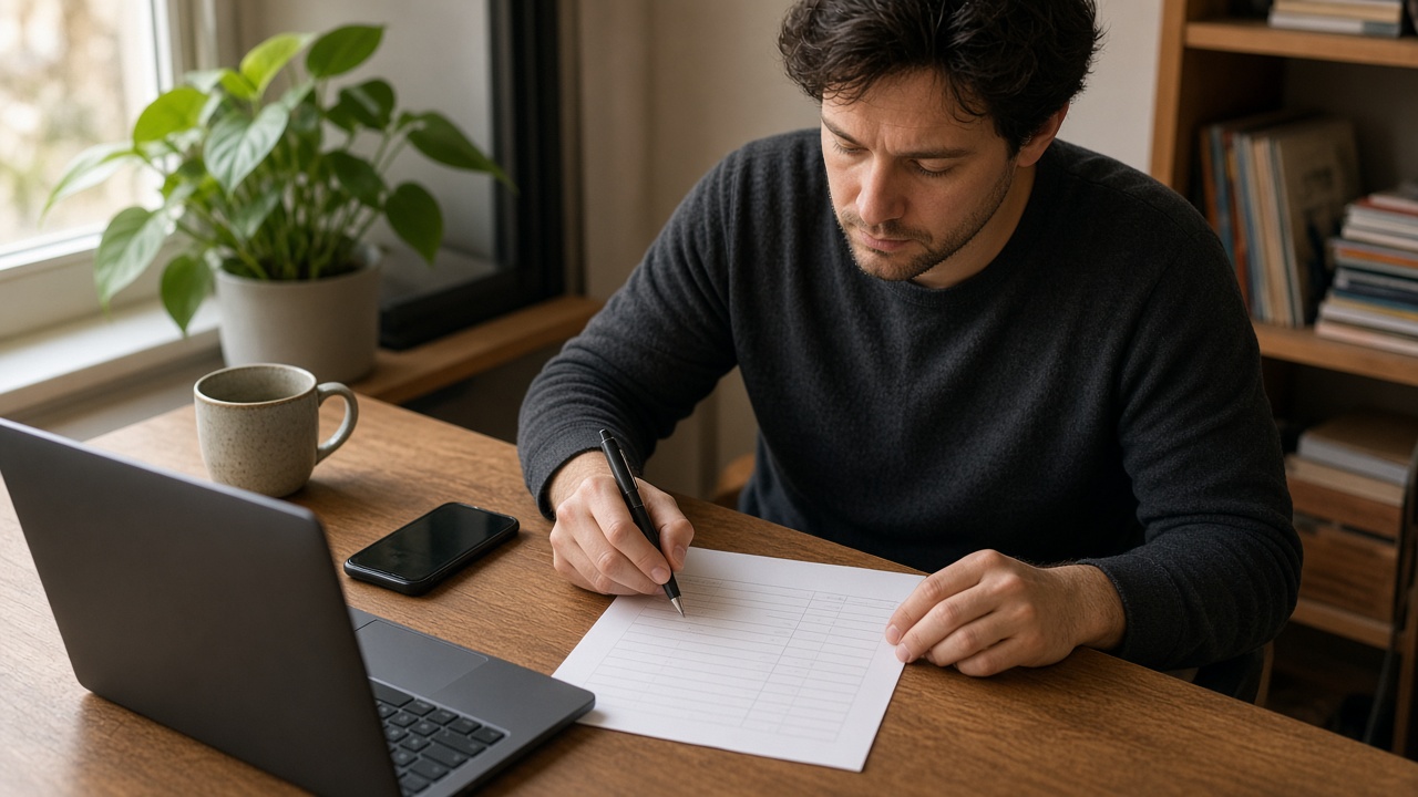 Operator reviewing unreadable scorecard notes beside a laptop at a home desk