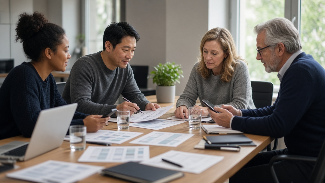 Four teammates reviewing unreadable migration notes around a conference table
