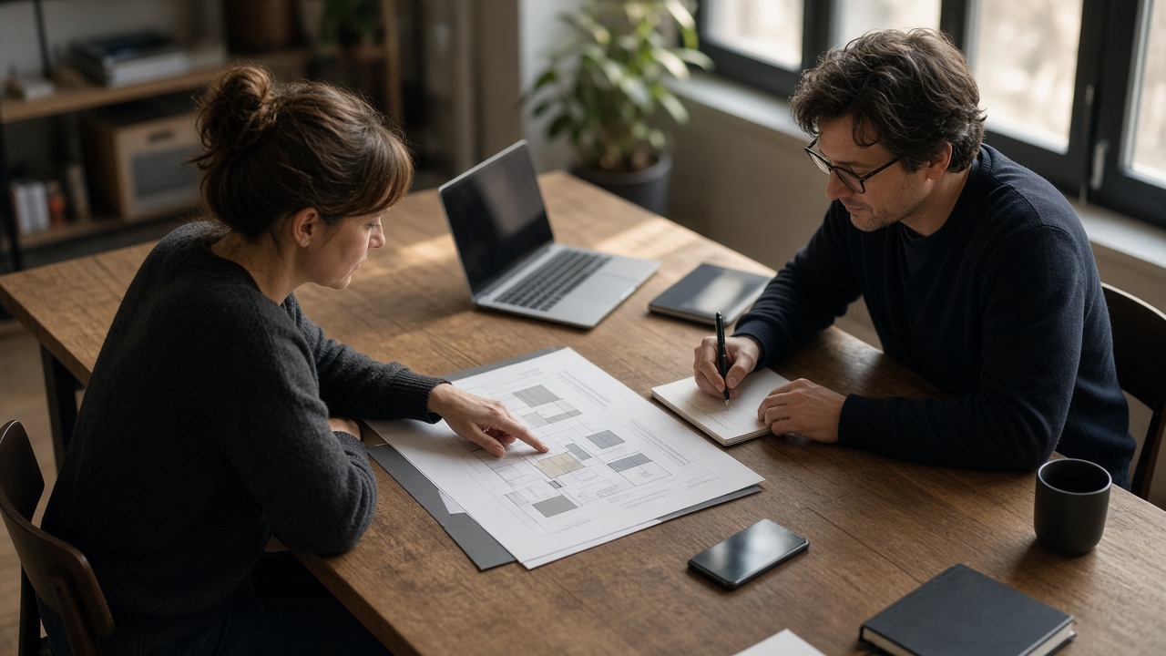 Two colleagues reviewing an unreadable workflow diagram beside a laptop