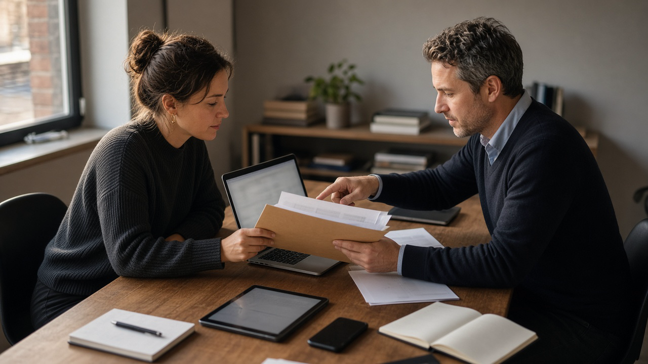 Two colleagues reviewing a paper folder and an unreadable laptop while discussing an integration