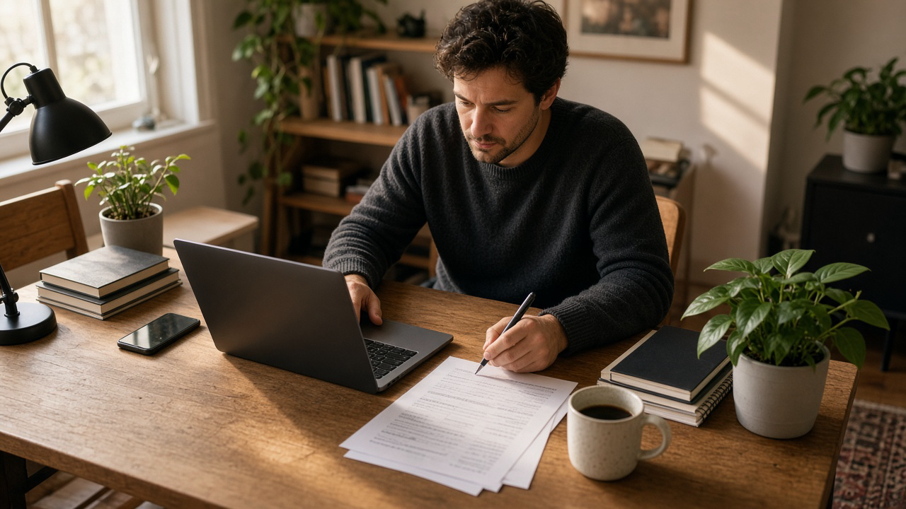 Operator reviewing printed scorecard notes at a home studio desk beside an unreadable laptop