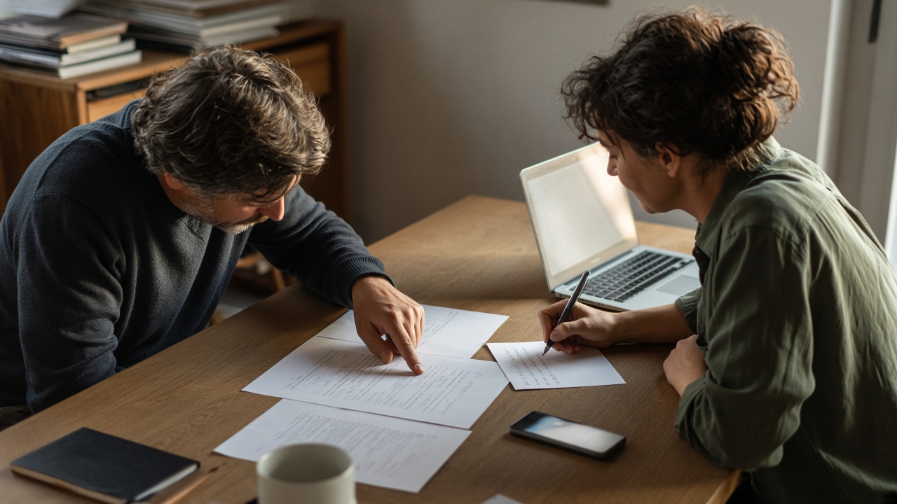 Two colleagues reviewing an unreadable revised draft beside a laptop