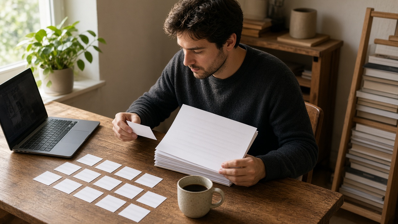 Operator comparing a row of separate cards with one bundled folder at a home desk