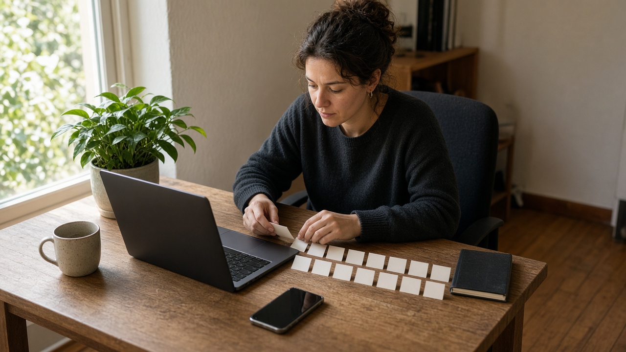 Operator sorting unreadable paper cards beside a laptop at a home desk