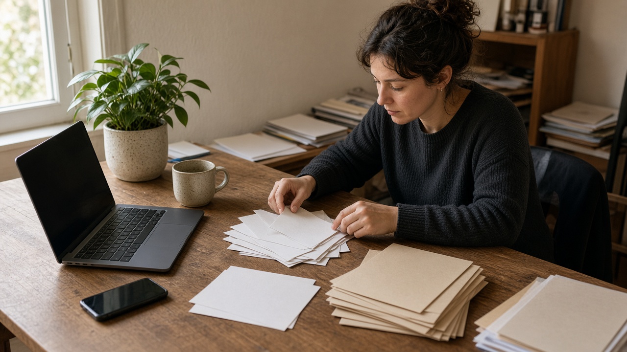 Operator sorting two stacks of unreadable notes beside a laptop at a home desk