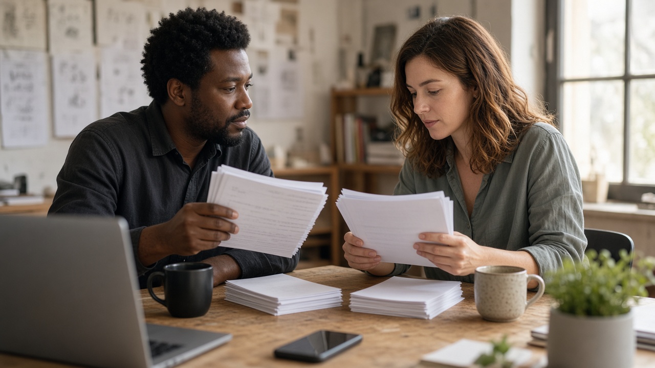 Two colleagues comparing stacks of unreadable paper cards beside a laptop in a sunlit studio
