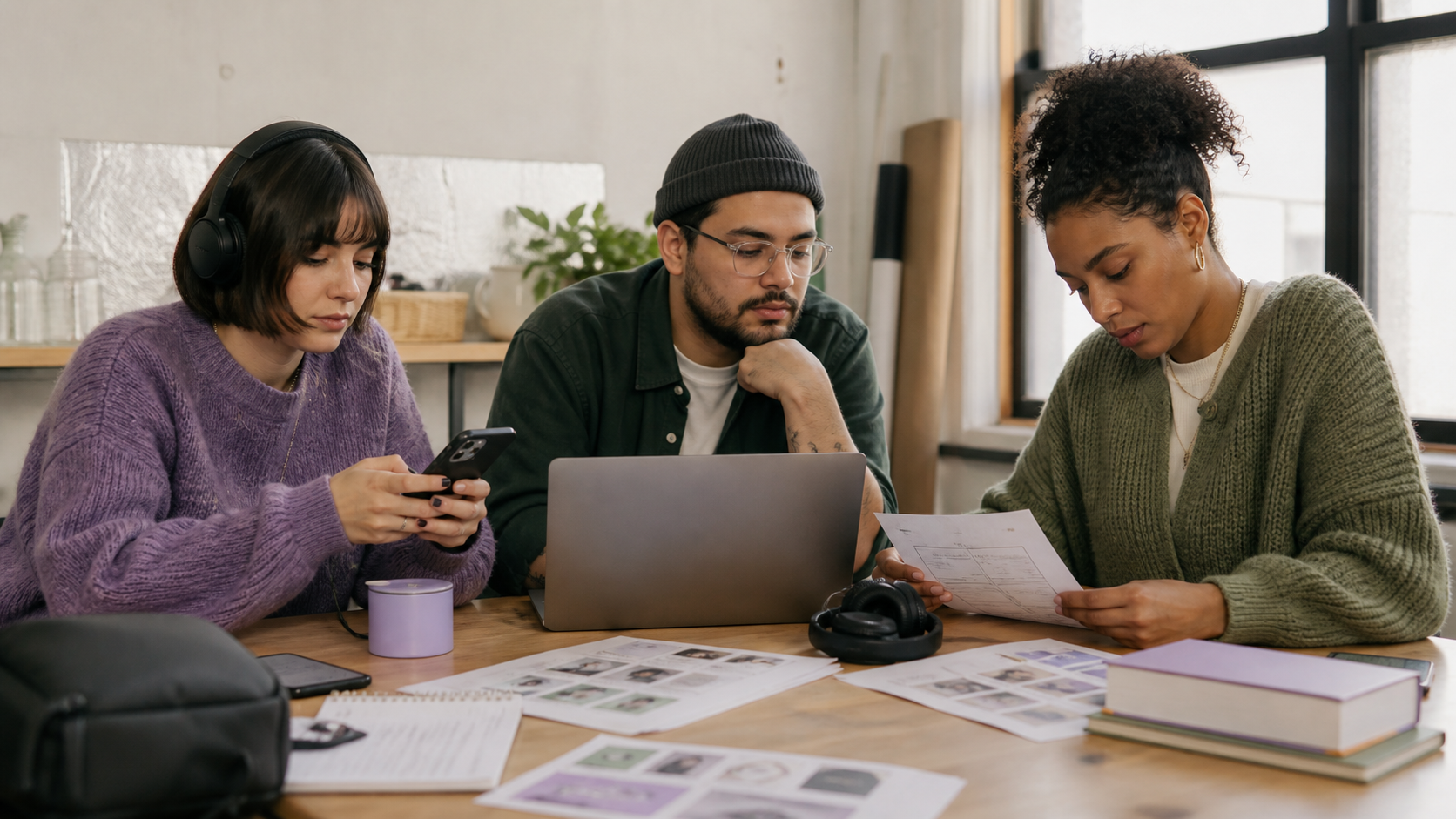 Creator, editor, and campaign manager reviewing an accessibility-ready social campaign around a studio table