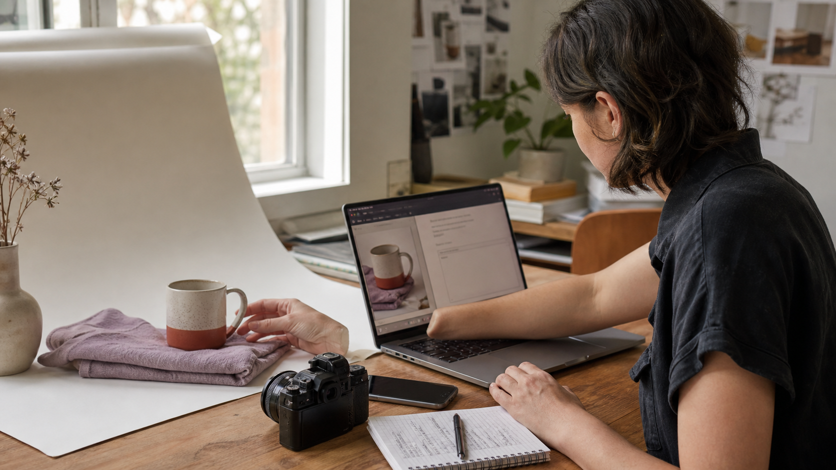Independent creator photographing a ceramic mug and preparing a meaningful image description on a laptop