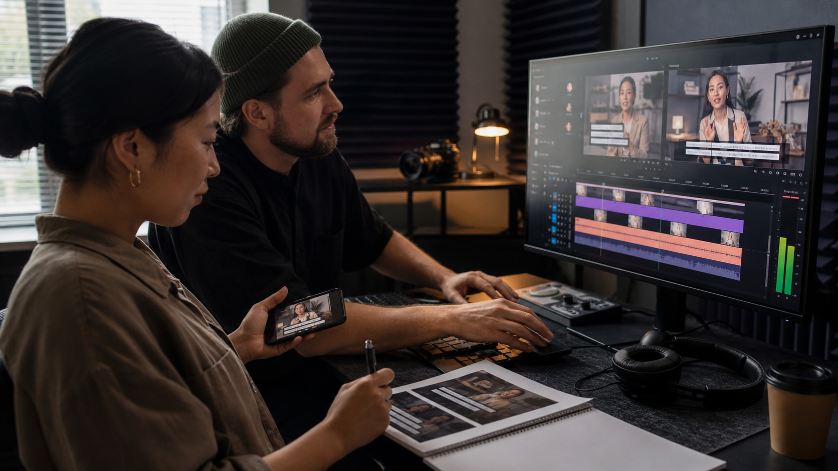 Video creator and editor checking captions, visual contrast, and a short video on a monitor and phone
