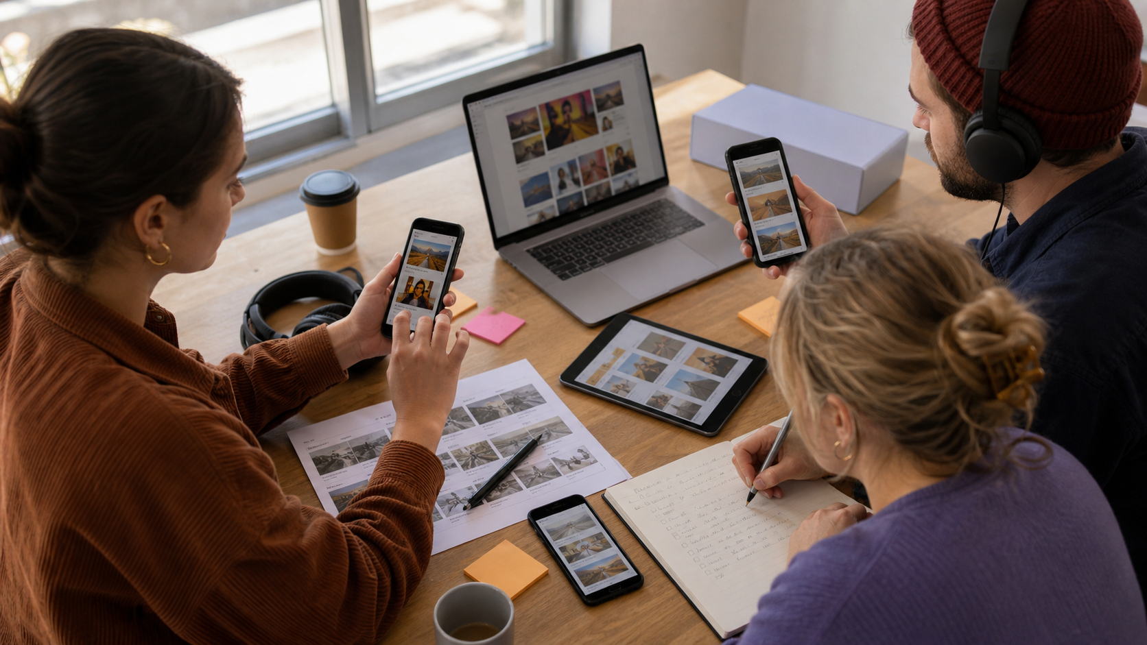 Agency team testing a social campaign on several phones while documenting final accessibility checks