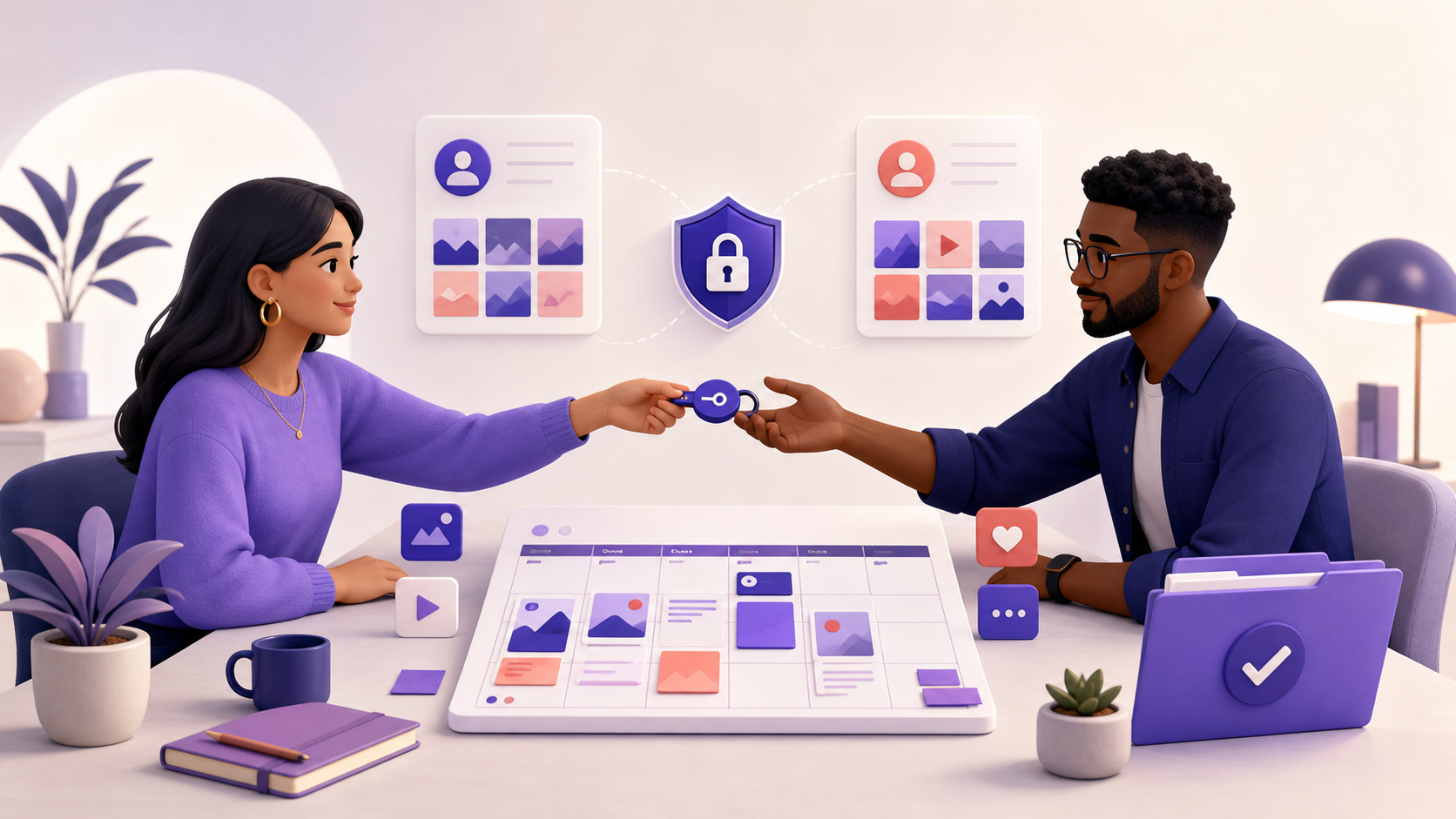 Outgoing and incoming social media managers transferring a secure access key above an organized content calendar
