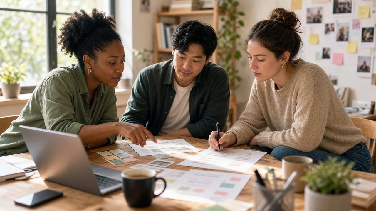 Three teammates reviewing printed brand voice cards and sample captions at a sunlit desk