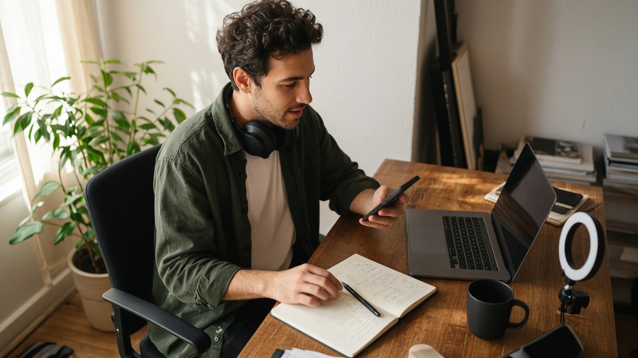 Solo creator reading caption drafts aloud from a phone beside a notebook of word lists