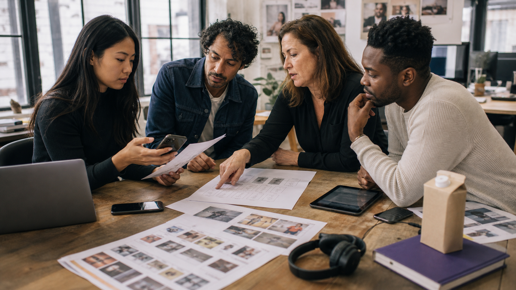 Agency and client team comparing phone previews, creative contact sheets, and an approval checklist