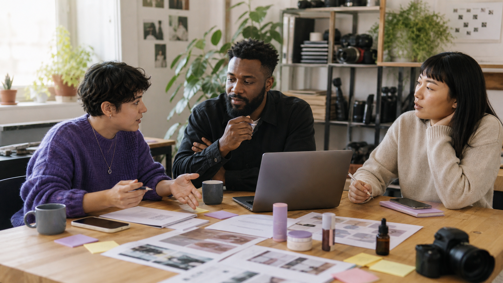 Creator, agency strategist, and brand manager building a social media campaign brief around a studio table