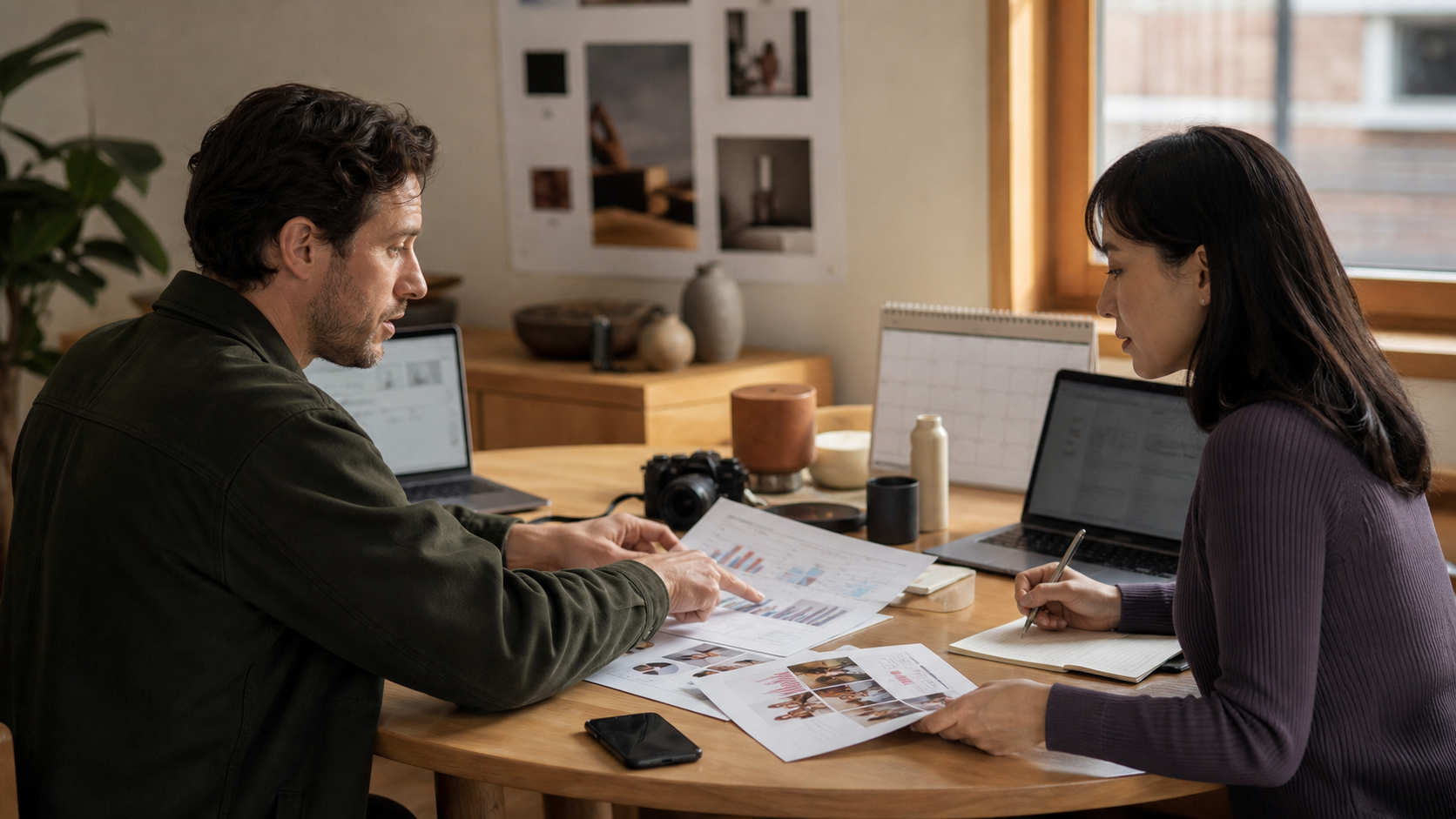 Campaign lead and analyst reviewing reports, campaign photography, calendar, laptop, and phone at a studio table