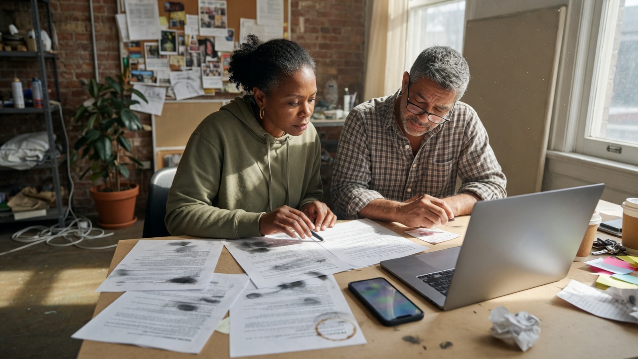 Two colleagues reviewing an unreadable client binder at a studio table