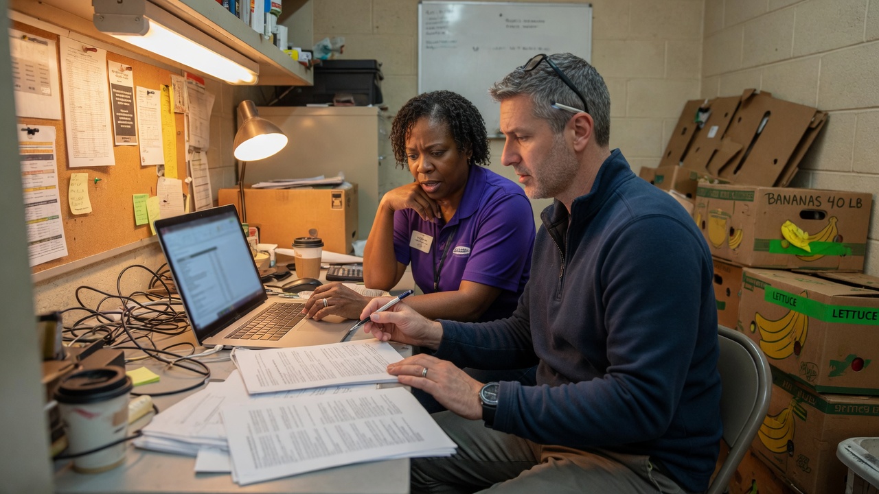 Two teammates reviewing unreadable pages in a grocery back office