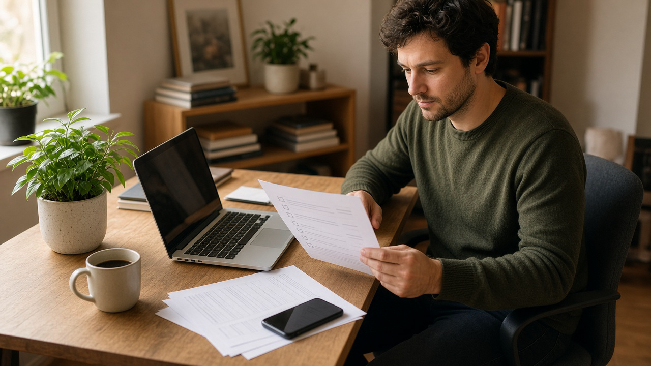 Creator reviewing printed approval notes beside a laptop and coffee at a home desk