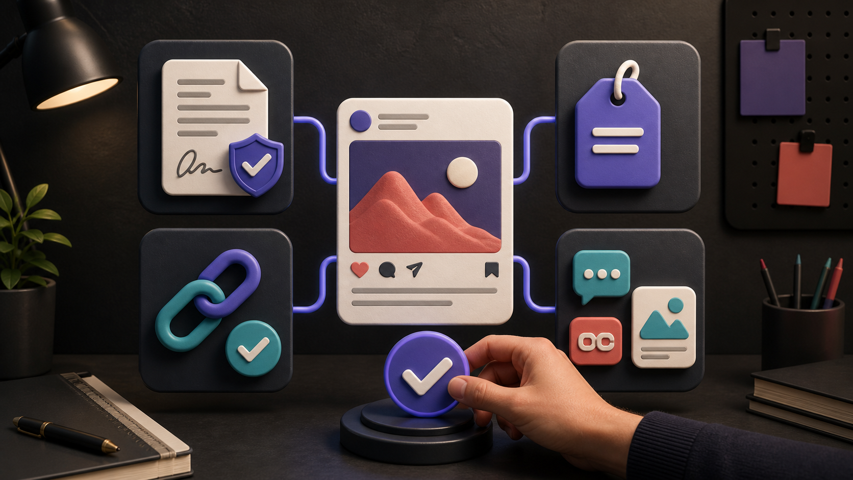 Social post connected to permission, disclosure, verified link, and accessibility evidence panels while a reviewer applies a final check