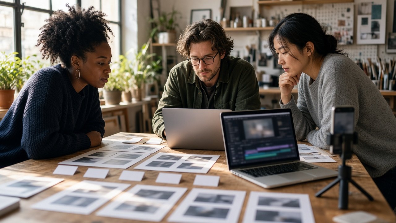 Three teammates planning short social posts from printed video frames and index cards at a sunlit studio table