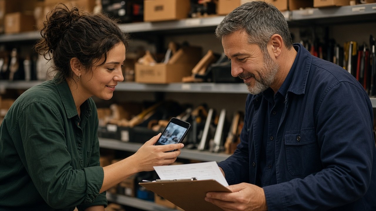 Regional coordinator and local store manager reviewing a short video on a phone against a printed checklist in a store back office