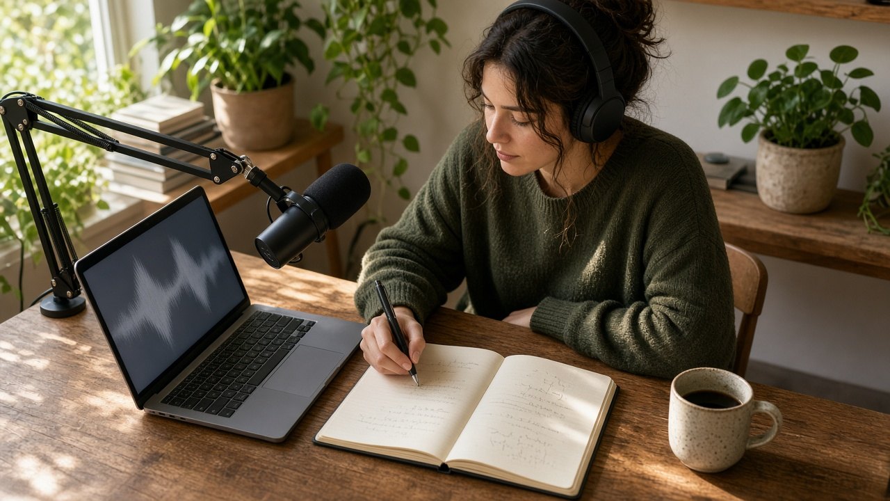 Independent creator wearing headphones and writing timestamps in a notebook beside a podcast microphone and laptop