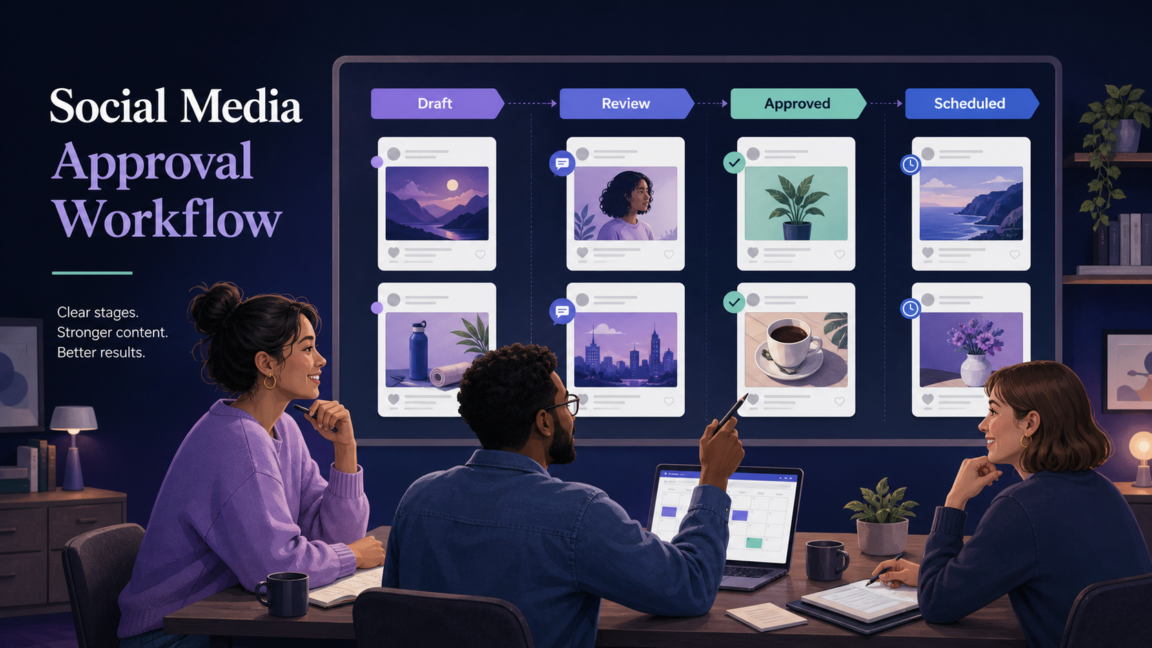 Social media team reviewing posts across Draft, Review, Approved, and Scheduled workflow columns