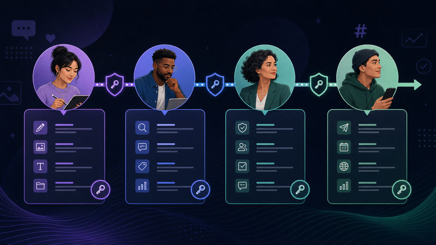 Four team members connected in a responsibility path for creation, review, approval, and publishing