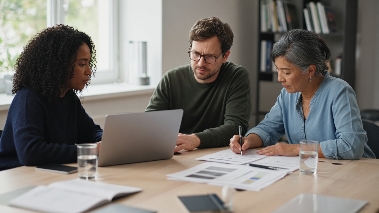Three teammates reviewing laptops and a checklist after a campaign publish