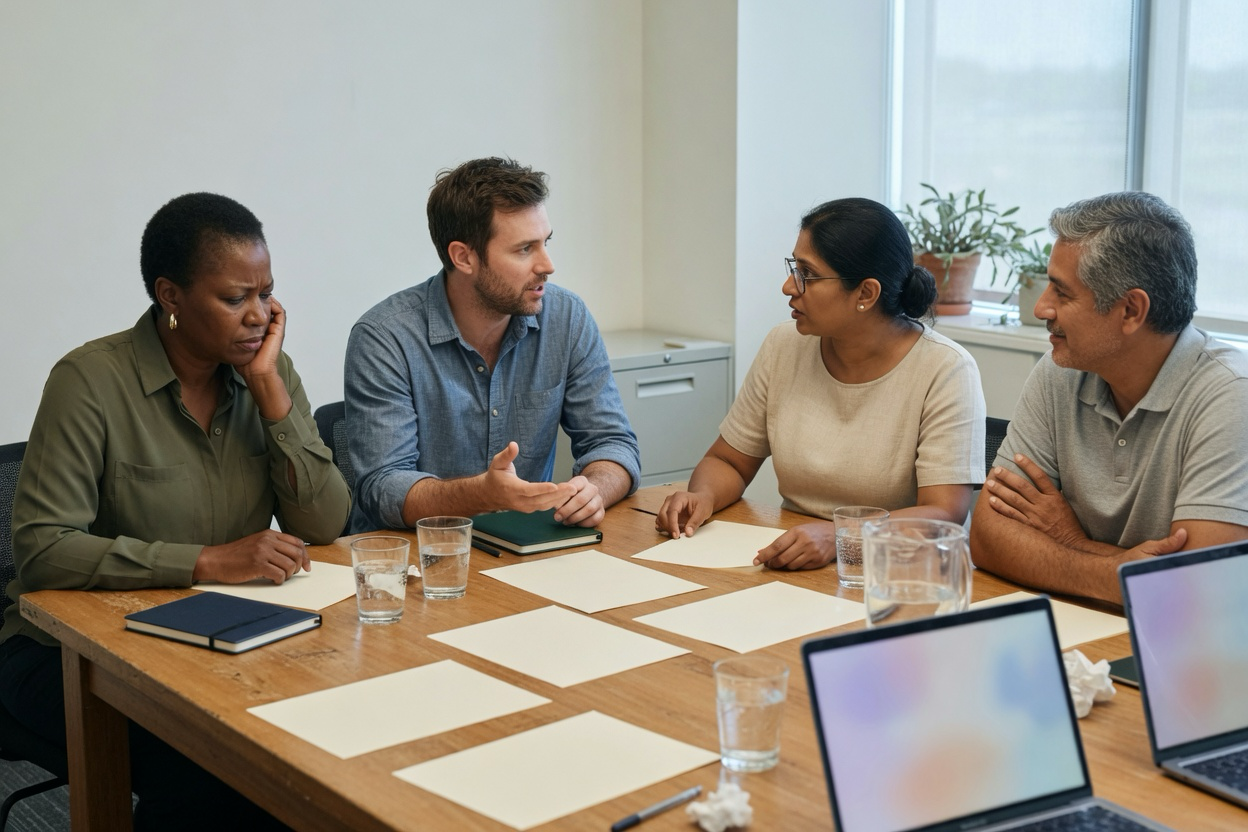 Agency and client teammates reviewing advocacy drafts and escalation notes together