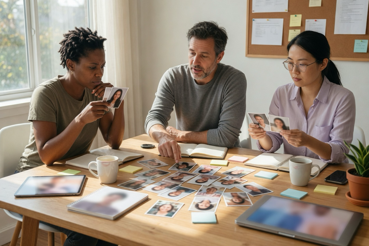 Team reviewing employee advocacy share kits at a sunlit office table with unreadable screens