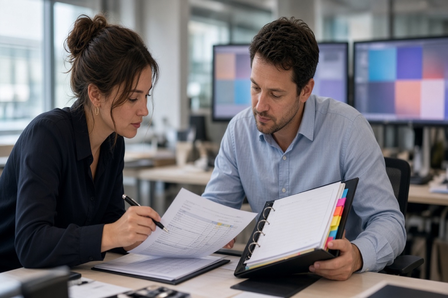 Agency teammates reviewing a printed hashtag denylist and approval notes beside unreadable monitors