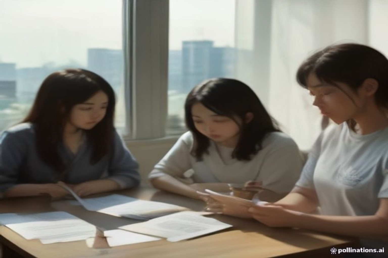 Marketing teammates reviewing printed influencer briefing sheets at a sunlit office table with unreadable laptop screens