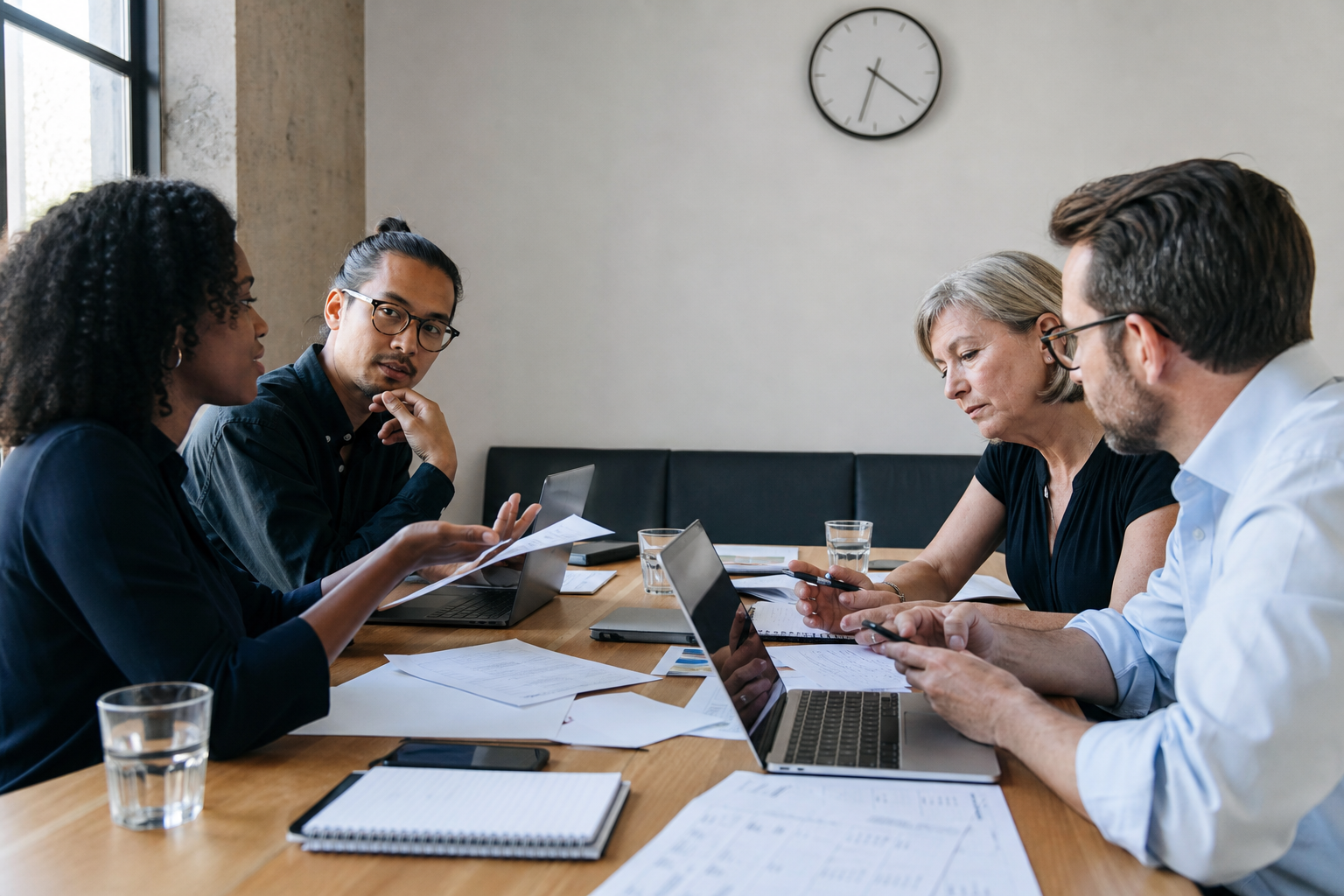 Agency team and client reviewing a weekly multi-timezone content calendar on a shared screen