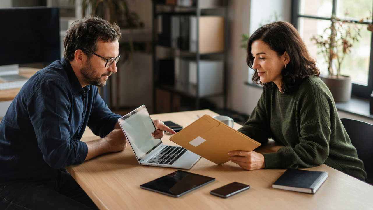 Two colleagues exchanging a paper folder while reviewing an unreadable laptop during an API handoff