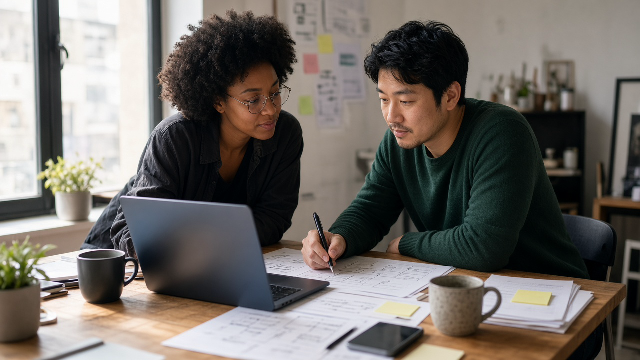 Two colleagues at a sunlit desk reviewing social scheduling notes beside a laptop with an unreadable screen