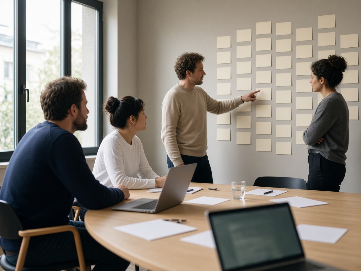 Agency teammates standing at a wall of blank cards while reviewing a listening sheet on a table
