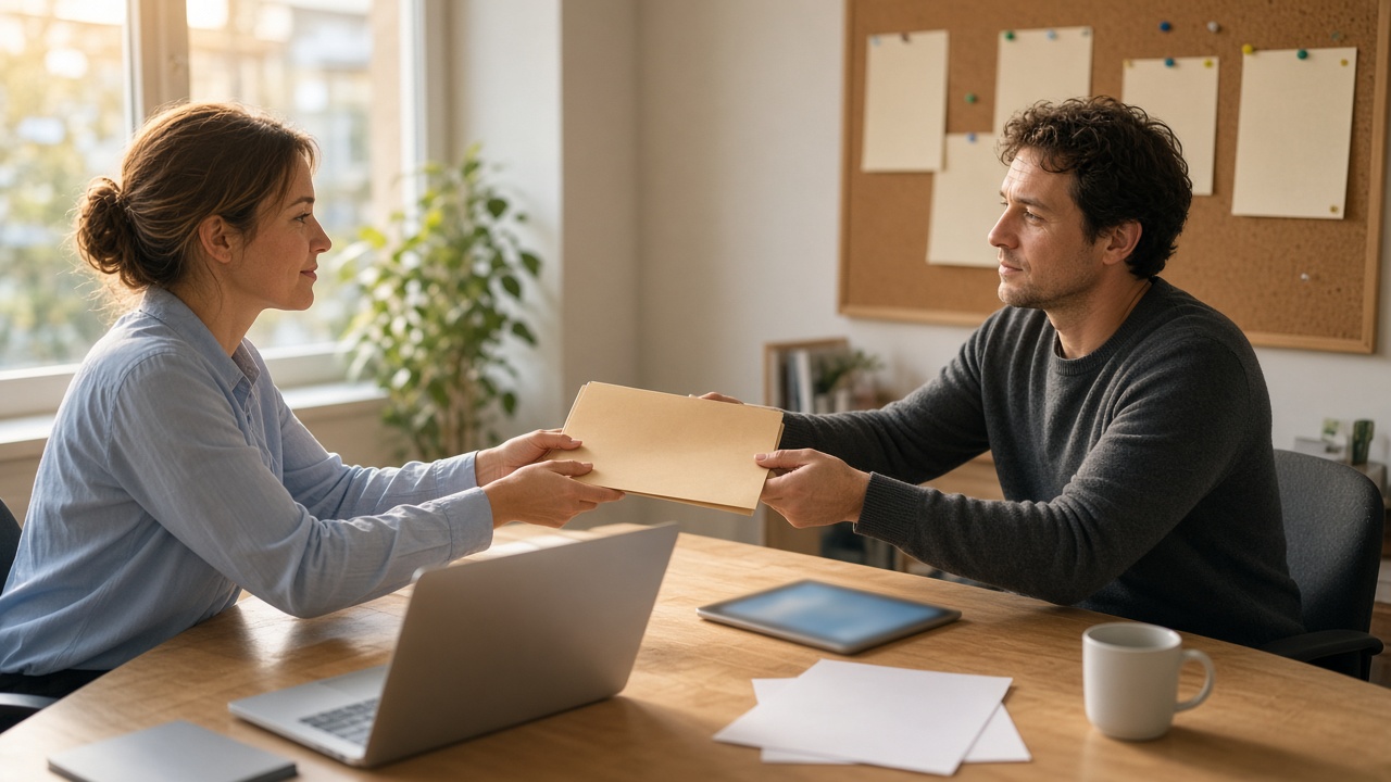 Two colleagues exchanging a plain folder in a bright regional office with a blurred laptop nearby