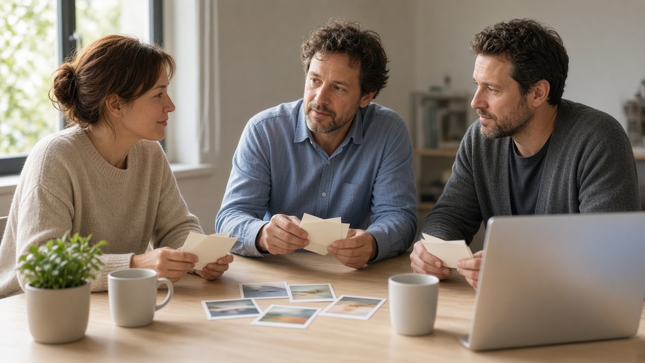 Three teammates reviewing printed note cards and a muted laptop at a bright listening desk