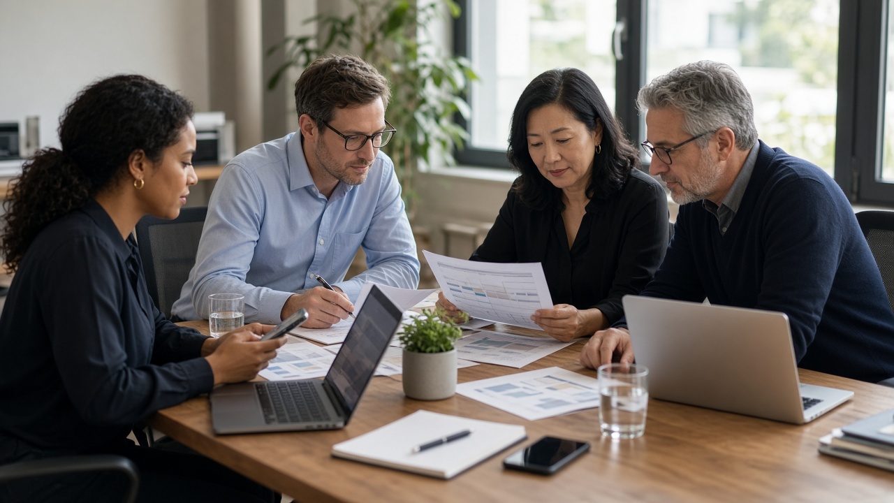 Four teammates reviewing unreadable migration notes around a conference table